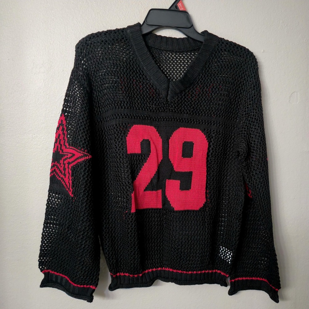 Black Crochet Knit Jersey Sweater Boston 29 Red Star Mesh V-Neck Small